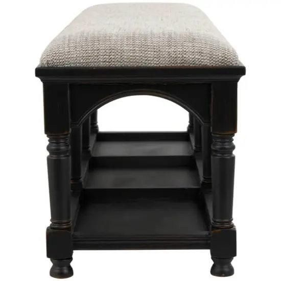 59" Black & Beige Fabric Arched Storage Bench with Traditional Turned Legs {4}