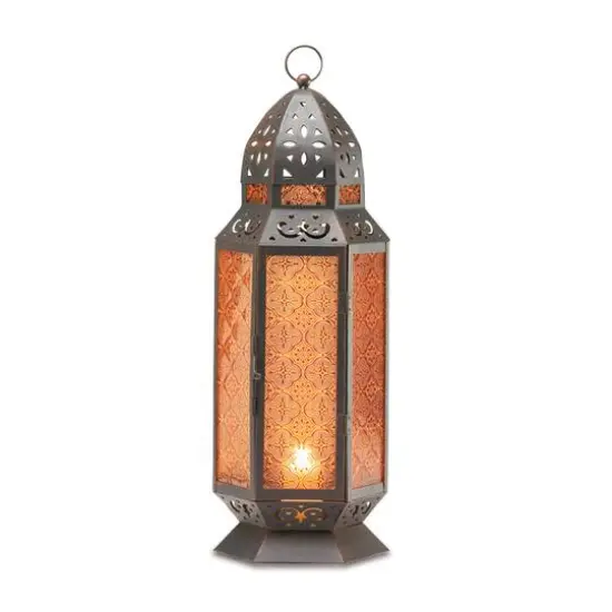 19" Brown Moroccan-Style Etched Glass Candle Lantern {1}