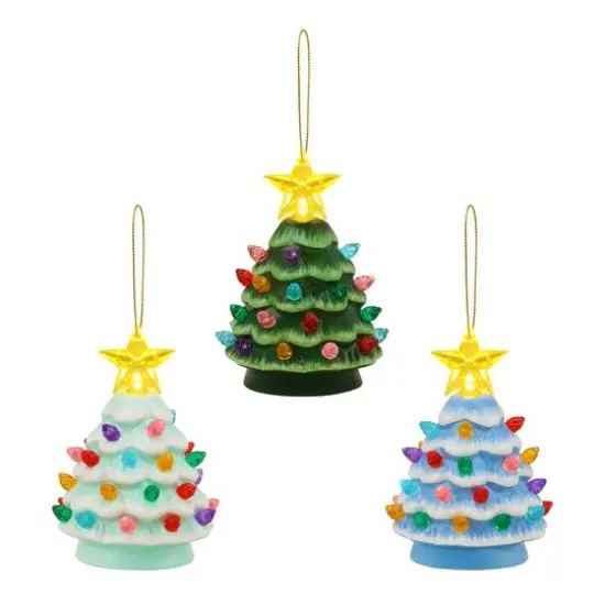 3ct. Cool Tone Nostalgic Ceramic Lit Tree Ornaments {1}