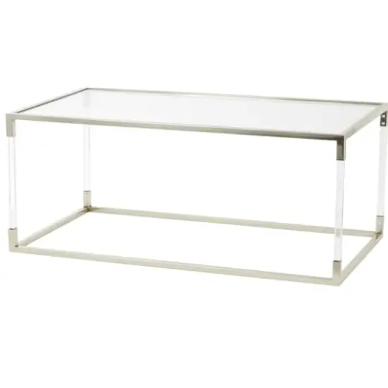 46" Silver Metal Minimalistic Open Framed Living Room Coffee Table with Clear Glass Top & Acrylic Legs {1}