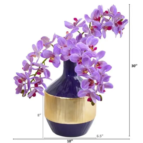 13" Moth Orchid Arrangement in Blue & Gold Vase Purple {3}