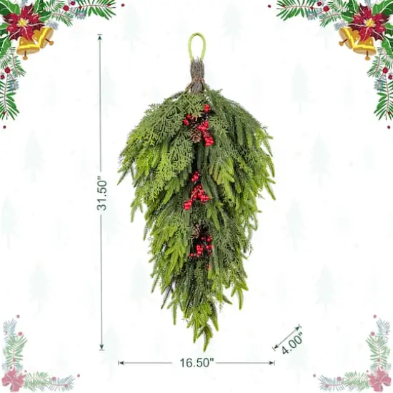 Glitzhome&reg; 31.5"H Christmas Greenery PE Teardrop with Pinecones and Red Berries {9}