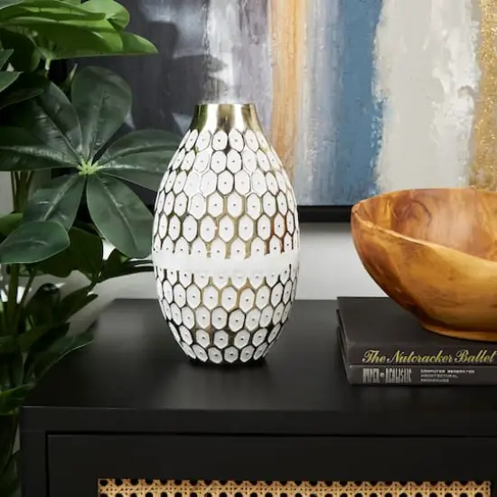10" Gold Metal Geometric Geometric Dot Vase with White Accents {3}