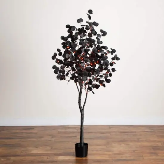 6ft. Pre-Lit Artificial Halloween Black Eucalyptus Tree with 300 Orange & Purple LED Lights {8}