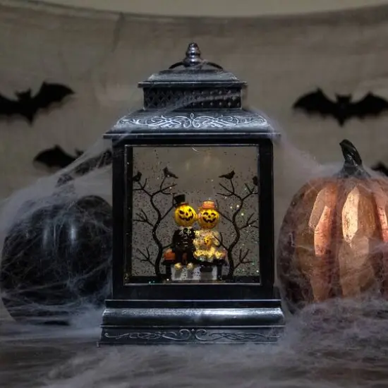 11.5" Black Lighted Halloween Snow Globe Lantern With Pumpkin Couple {3}