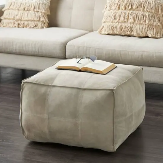 28" Leather Low Profile Square Pouf with Patchwork Design Gray {3}