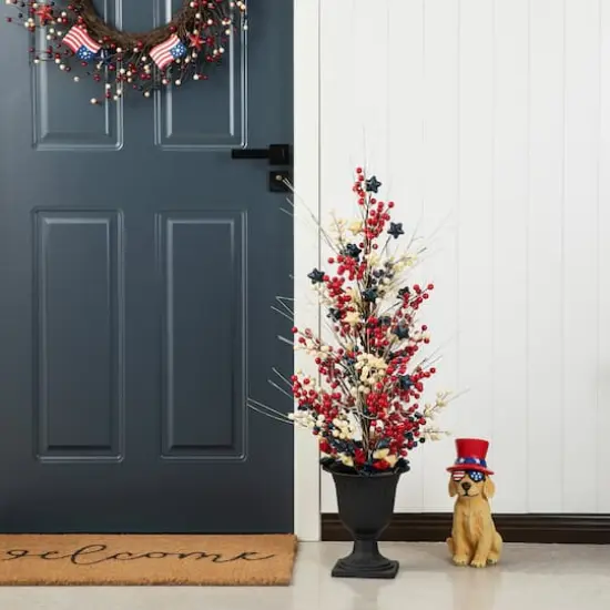 Glitzhome&reg; 36" Lighted Patriotic Americana Berry & Stars Urn Porch Tree {7}