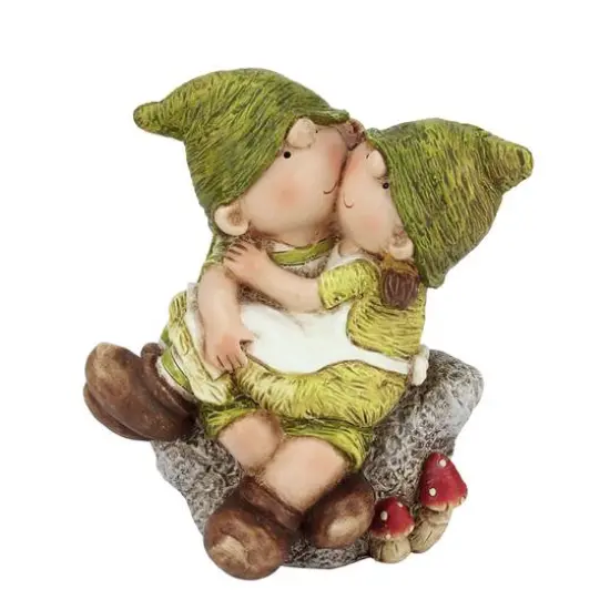 15" Young Boy & Girl Gnomes Sitting on a Stone Spring Outdoor Garden Patio Figure {1}