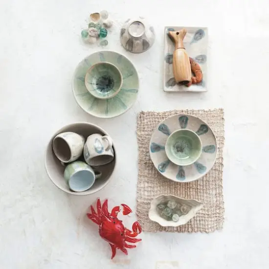 Hello Honey&reg; 5" Green, Tan & Blue Geometric Harmony Stoneware Bowls Set {5}