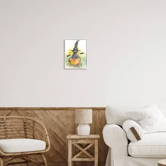 Stupell Industries Witch Cat on Pumpkin Framed Giclee Art White {3}