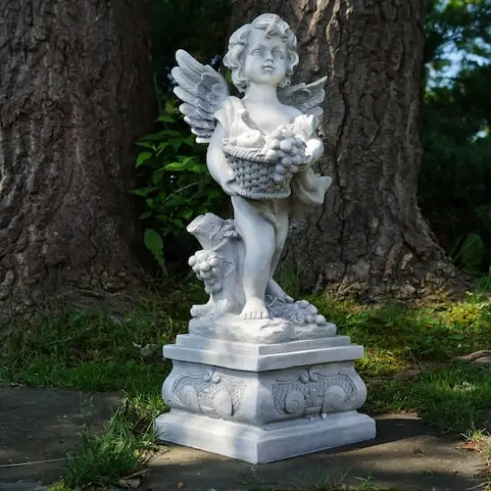 28.75" Gray Cherub Angel Standing on Pedestal Holding a Fruit Basket Outdoor Garden Statue {3}