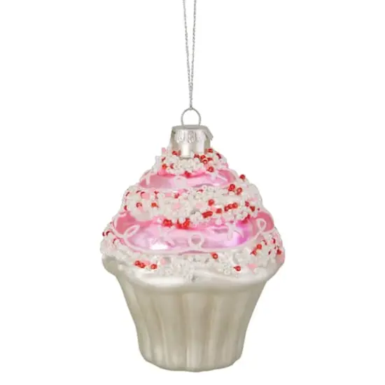 4" Pink & White Cupcake with Sprinkles Glass Ornament {1}