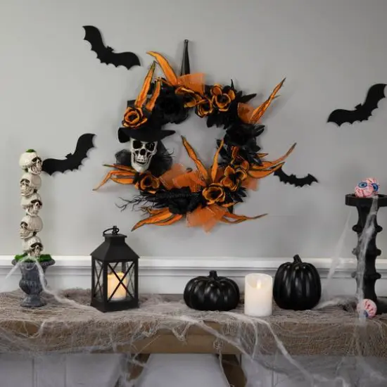 14" Skull with Black & Orange Roses Halloween Wreath {3}