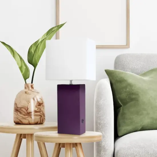 Lalia Home Lexington 21" Leather Table Lamp with USB Charging Port Eggplant Purple {5}