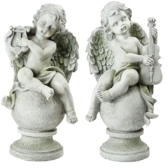 14.75" Ivory Cherub Angels With Violin & Harp Sitting On Finials Outdoor Garden Statues Set {1}
