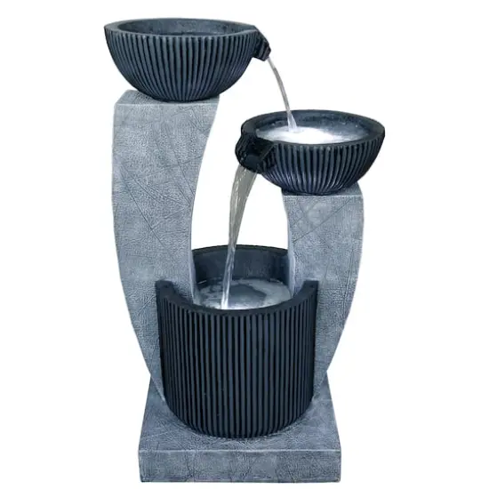 32" Lighted Blue Modern Tiered Outdoor Garden Water Fountain {1}