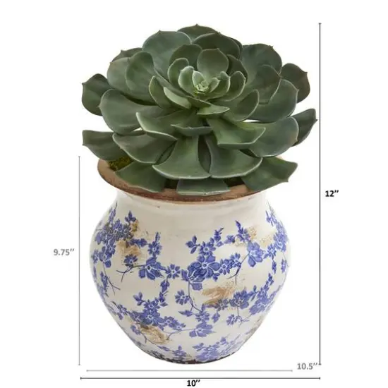 12" Echeveria Succulent Pick Plant in Vintage Floral Planter {3}