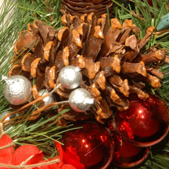 24" Decorative Collection Hydrangea Wreath with Cones, Red Berries & 50ct. Soft White Battery Operated LED Lights with Timer {5}