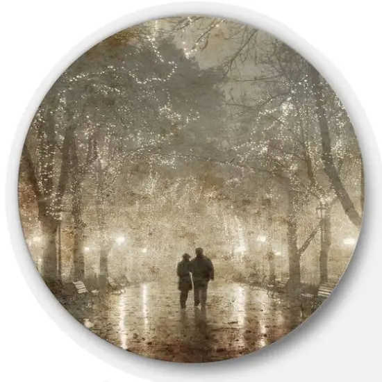 Designart - Couple Walking in Night Lights' Landscape Photography Circle Circle Metal Wall Art {1}