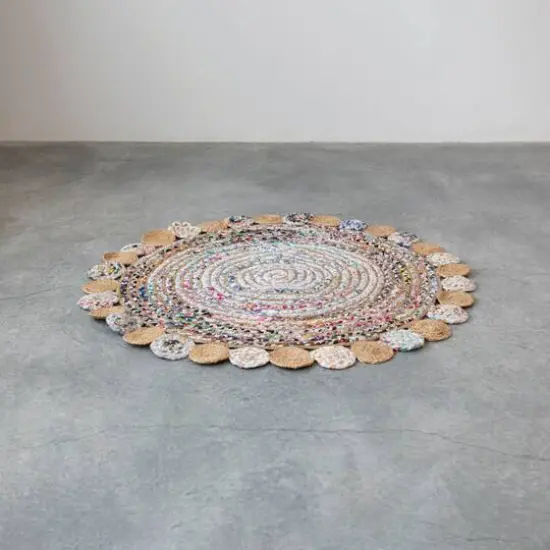 Hello Honey&reg; Multicolor Boho Round Woven Cotton Chindi and Jute Rug with Circle Trim, 4ft. x 4ft. {3}