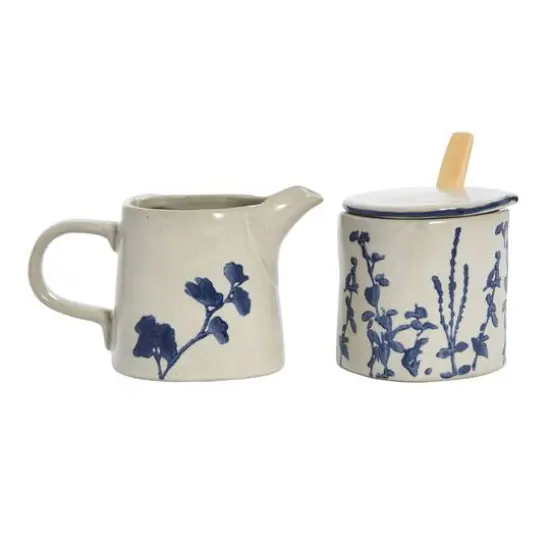 Hello Honey® Antique White & Blue Hand Stamped Stoneware Sugar Pot & Creamer Set {4}
