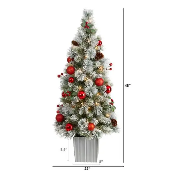 4ft. Pre-Lit Winter Flocked Artificial Christmas Tree in Decorative Planter, White LED Lights {8}
