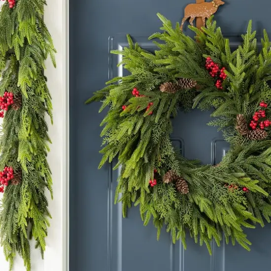 Glitzhome&reg; 24"D Christmas PE Wreath with Pinecones and Red Berries {6}