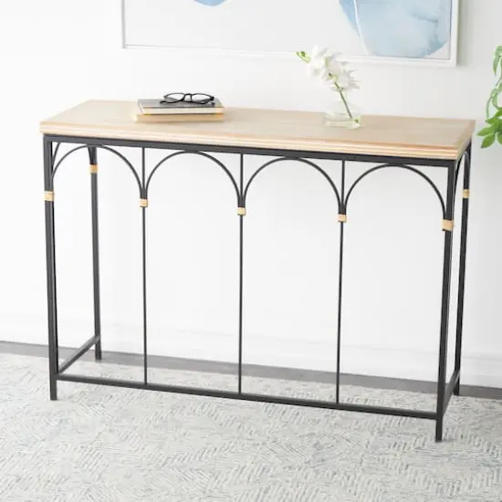 42.5" Black Arched Console Table with Zig Zag Patterned Top and Rattan Accents {3}