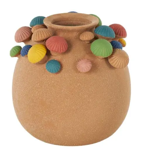 9" Brown Ceramic Round Wide Decorative Vase with Multicolor Mushroom Accents {7}