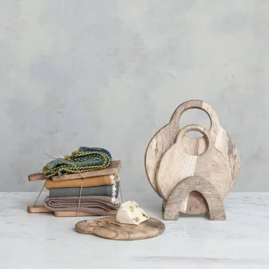 Hello Honey&reg; 3-Piece Round Mango Wood Cutting Boards with Stand {4}