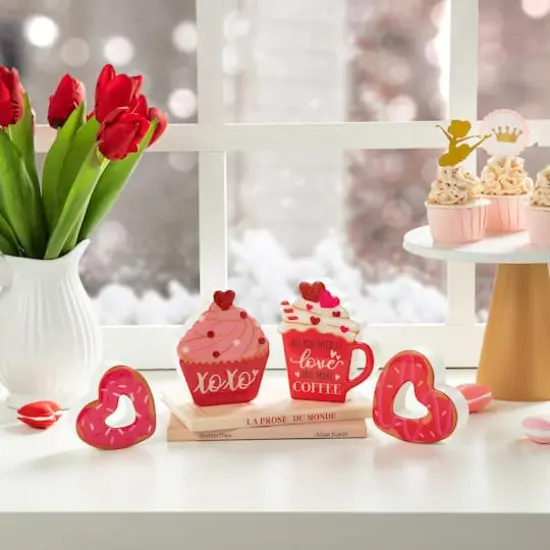 Glitzhome® Valentine's Wooden Cup Cakes & Heart Table Décor Set {3}