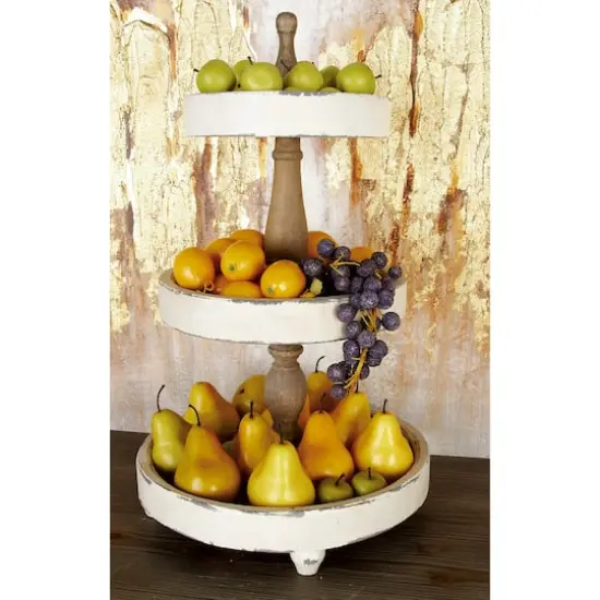25" White Farmhouse Wood 3-Tier Tray Stand {6}