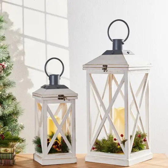 Modern Farmhouse White Wooden Lantern Set, 24" & 17" {4}