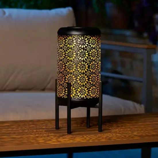 Glitzhome&reg; 14.25" Black Metal Cutout Flower Pattern Solar Powered LED Outdoor Lantern {6}