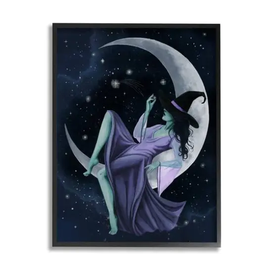 Stupell Industries Witch Relaxing Crescent Moon Framed Giclee Wall Art Black {1}
