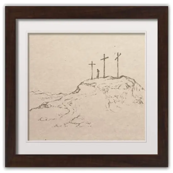 Crosses On Hill Sketch 6 16" x 20" Walnut Framed Print Under Plexiglass {1}