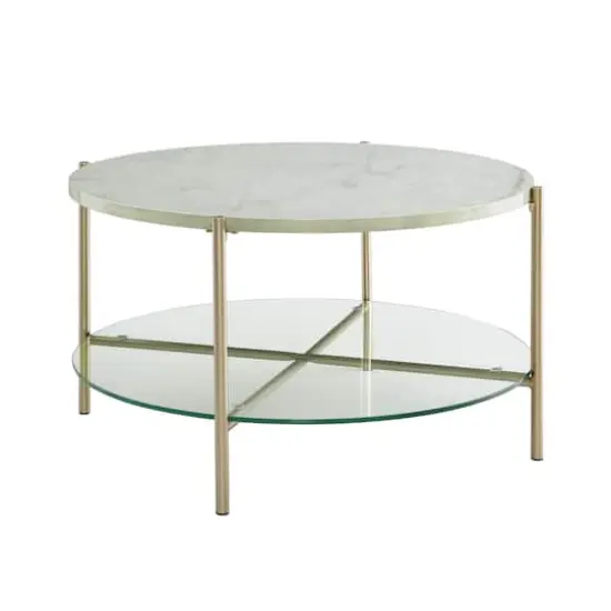 Faux White Marble, Glass & Gold Modern Round Coffee Table  {1}