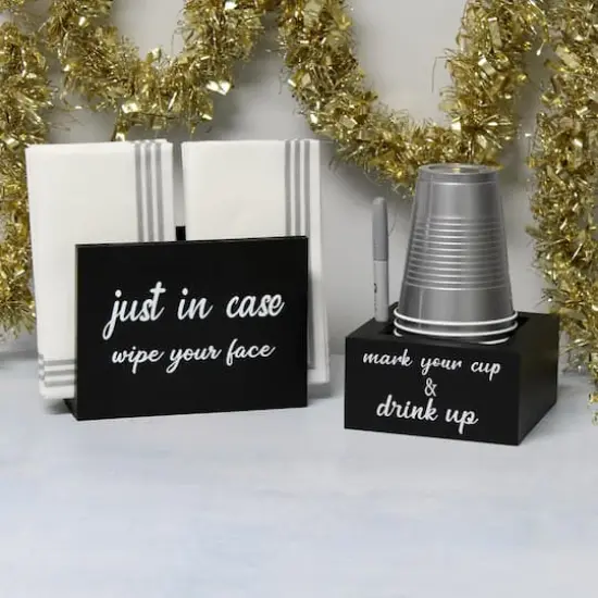 Elegant Designs&trade; Napkin Holder and Cup Holder Set with Black with White Script {4}