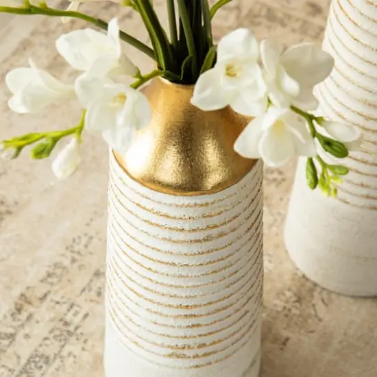 Glitzhome&reg; Modern White & Gold Striped Metal Floor Vases Set {7}
