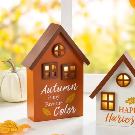 Glitzhome&reg; Lighted Fall Wooden House-shaped Table Decor Set {4}