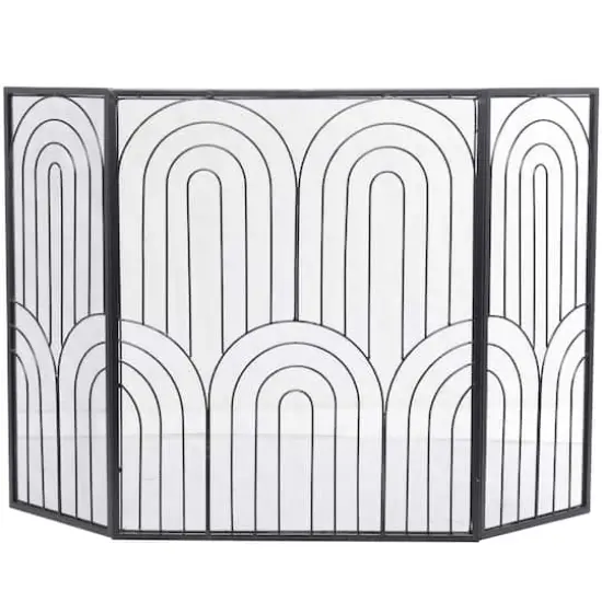 Black Metal Art Deco 3-Panel Fireplace Screen {1}