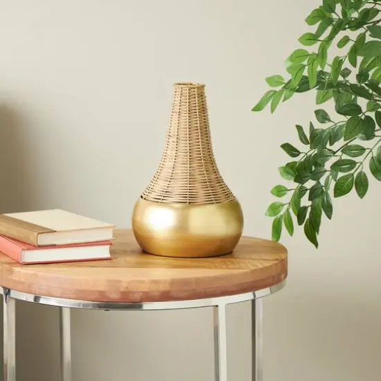 11" Brown & Gold Rattan Handmade Woven Vase {9}