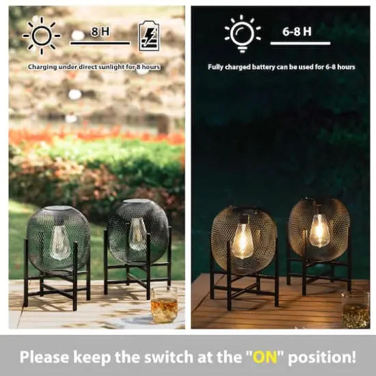Glitzhome® 11.5" Metal Mesh Black Solar Powered Lantern with Stand, 2ct. {7}