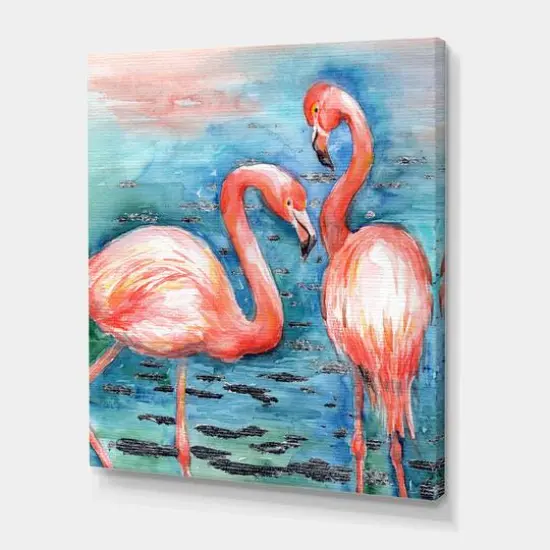 Designart - Pink Flamingos In Blue Water I - Farmhouse Canvas Wall Art Print {1}