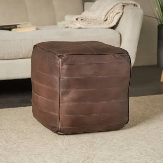 21" Leather Pouf with Linear Panels Dark Brown {3}