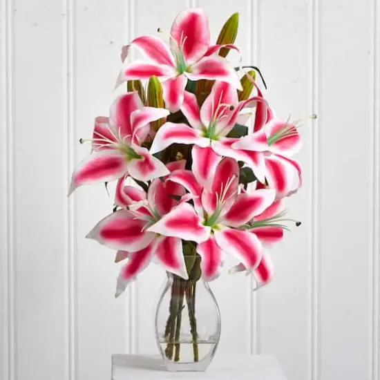 18" Pink Rubrum Lily Arrangement with Decorative Vase {5}