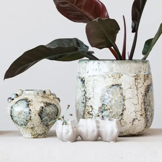 Hello Honey&reg; 7" Distressed White Stoneware Pod Shaped Vase with 3 Sections and Organically Shaped Edge {3}