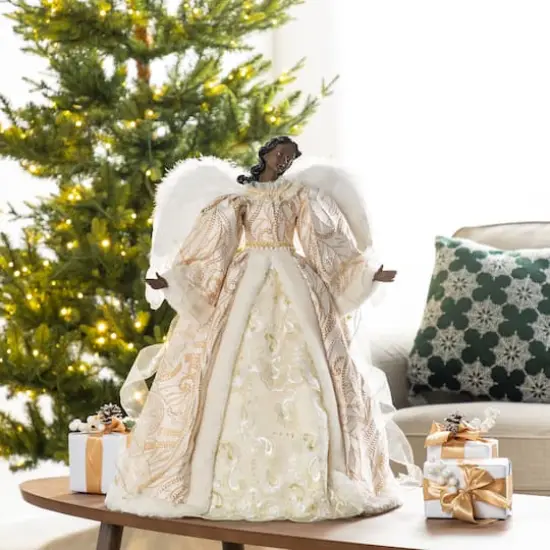 Glitzhome&reg; 24"H Faux Fur & PVC Christmas Elegant African American Angel Tree Topper {4}
