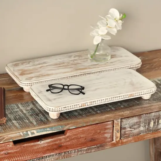Light Brown Mango Wood Beaded Decorative Tray Set {3}