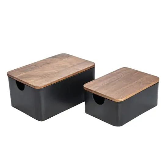 Hello Honey&reg; Black Metal Containers with Mango Wood Lids Set {1}